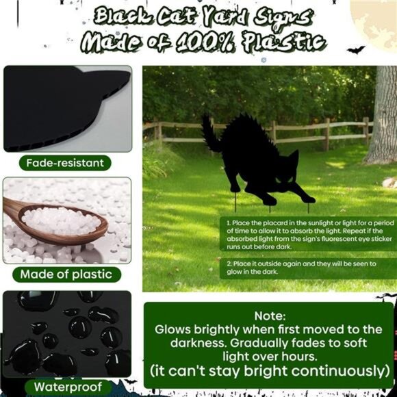 Halloween Black Cat Yard Decorations Glow in Dark Eyes Outdoor Scary Party Decor - Picture 6 of 8
